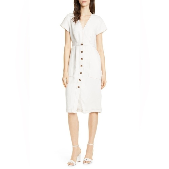 Dolan Rigby Topstitch Detail Button-Front Midi Dress Size Small Cream Linen - Picture 1 of 12
